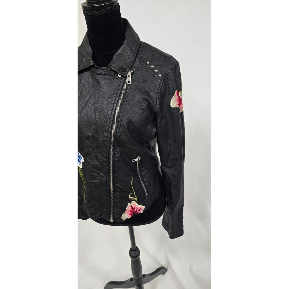 Ci Sono women L black faux leather moto jacket floral embroidery grunge gothic - Picture 6 of 15